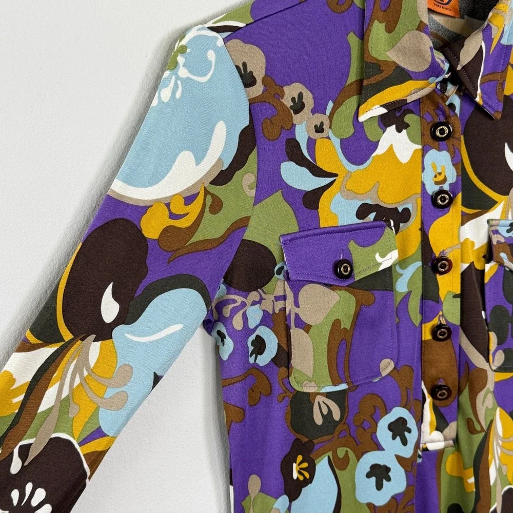 Tory Burch Silk Blouse Women XS Purple Bold Retro Mod‎ Floral Long Sleeve Top